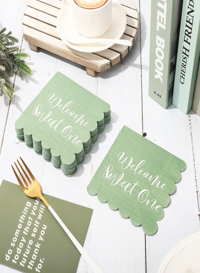 JarThenaAMCS 50Pcs Baby Shower Cocktail Napkin Sage Green Scalloped Disposable Paper Napkin Welcome Sweet One Beverage Napkins for Party Drink Table Decor - Image 4